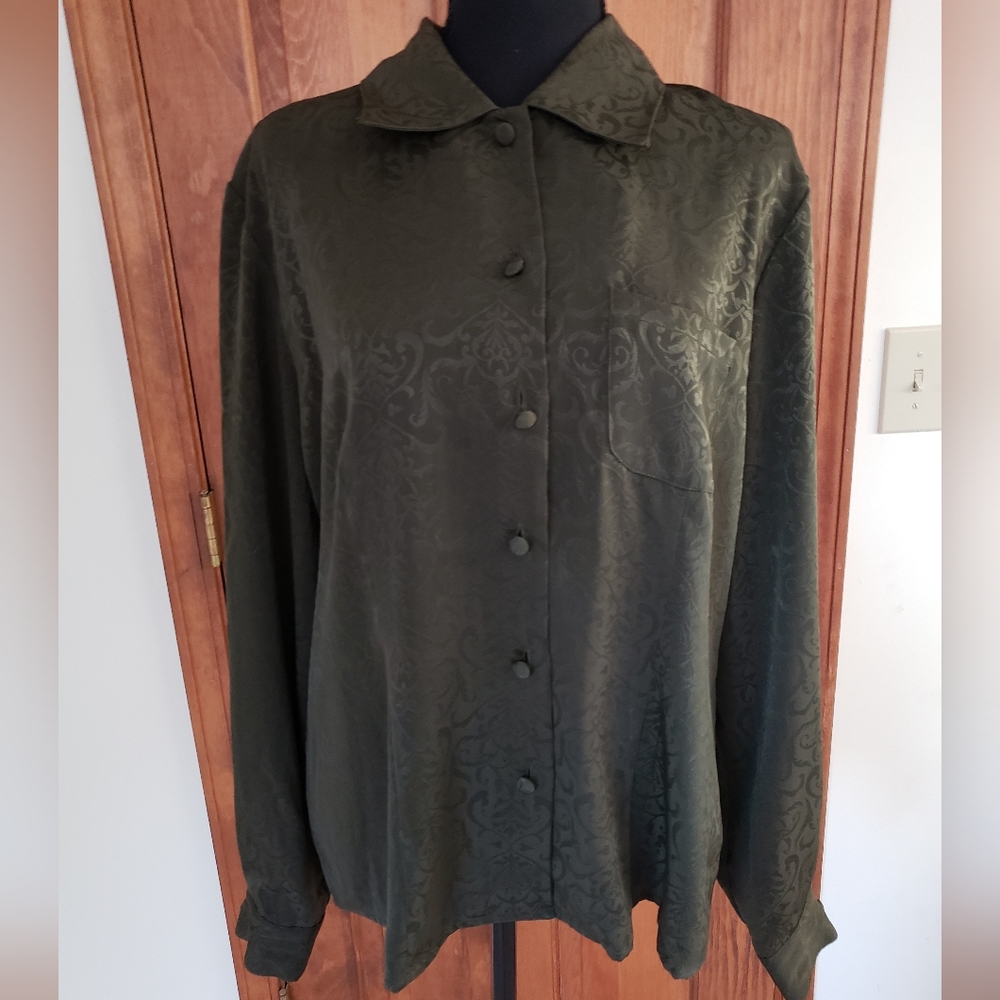 Chelsea Cambell Vintage Jacquard Print Olive Khaki Blouse Sz14